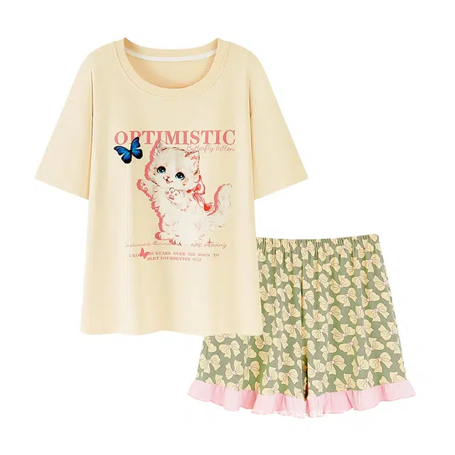 橡柠派 可爱猫咪甜美亲肤舒适学院风慵懒短袖三分裤睡衣套装 女款 米黄色