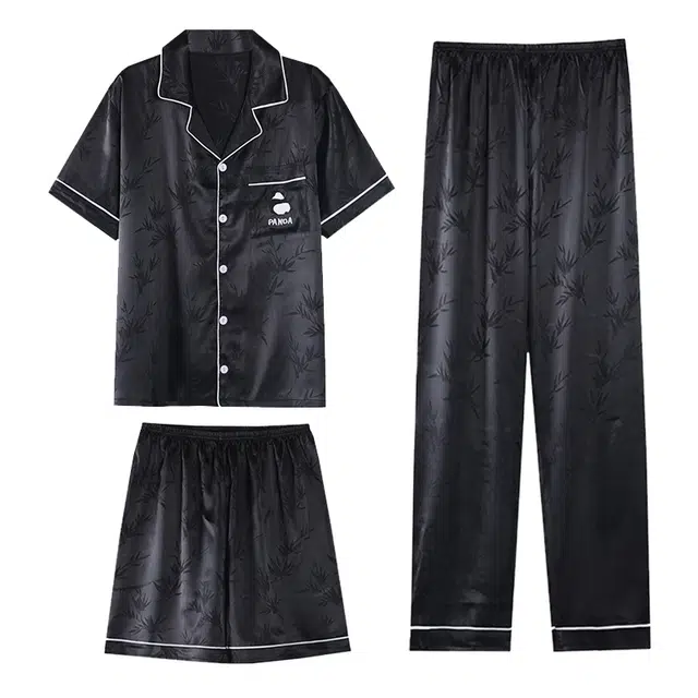 向薇 舒适翻领薄款短袖上衣可外穿短裤家居服长裤睡衣套装 男款 图片色