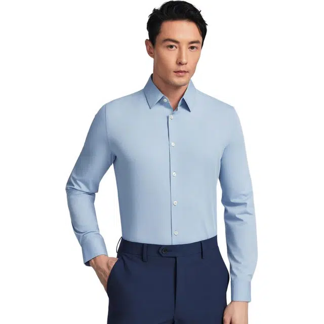 依文 纯色商务休闲长袖衬衫 男款 灰蓝色