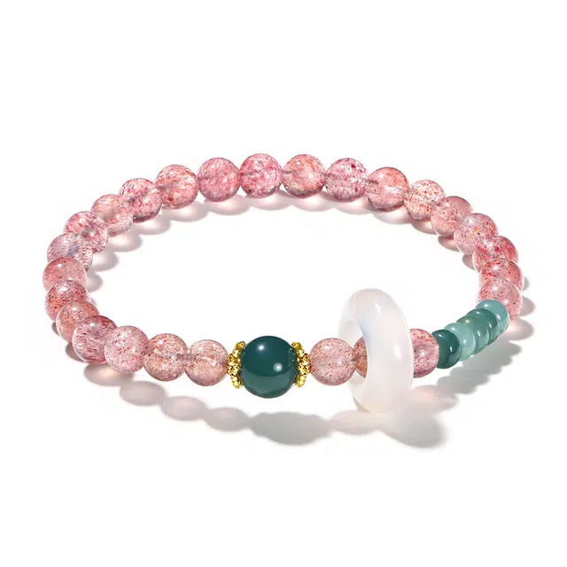 【普陀山官方已过香】 普陀山文创 早日脱单旺桃花新中式正缘桃花邂逅甜蜜爱情吉祥如意平安扣 #好运 礼盒装 草莓晶 手串 女款