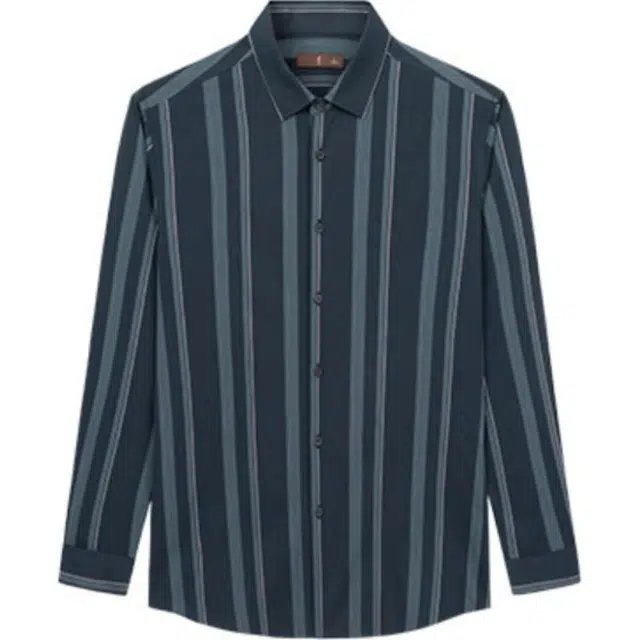 才子 复古休闲竖条纹亲肤长袖衬衫 男款 深蓝色