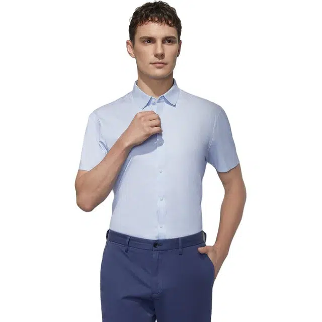 依文 透气商务休闲弹力短袖衬衫 男款 蓝色