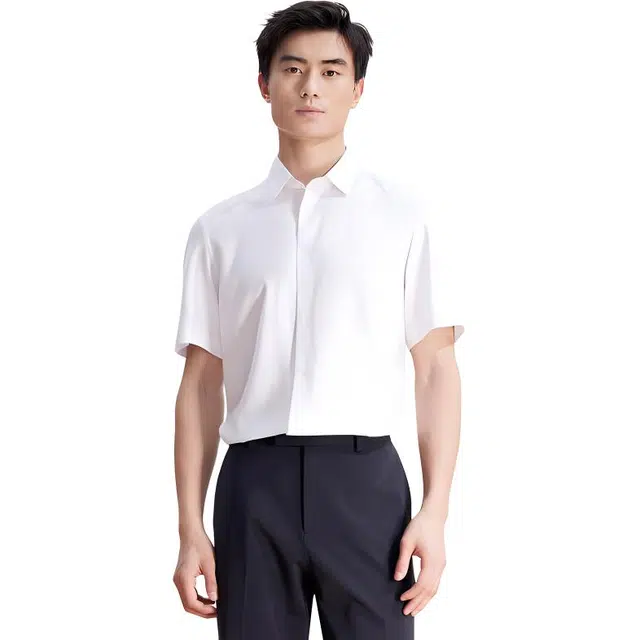 依文 纯色尖领纽扣短袖衬衫 男款 白色