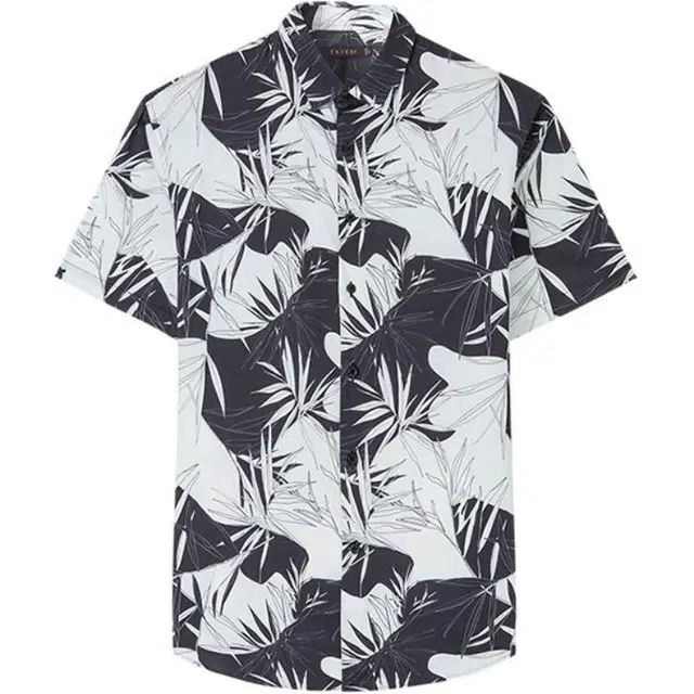 才子 翻领透气印花修身弹力短袖衬衫 男款 黑色