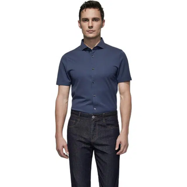 依文 时尚休闲简约百搭短袖衬衫 男款 蓝色