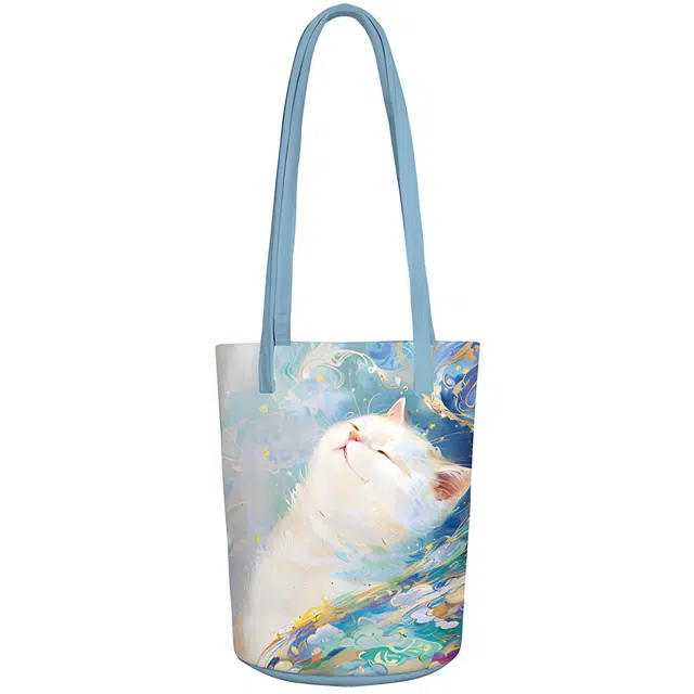 奥松 家用家居出游松弛猫生水桶包帆布包小众设计感学生流行斜挎包 绒面科技布 单肩包 男女同款情侣款 白色拼蓝色