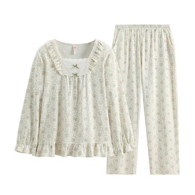 芬腾 长袖长裤法式复古优雅方领宫廷风家居服睡衣套装 女款 米色