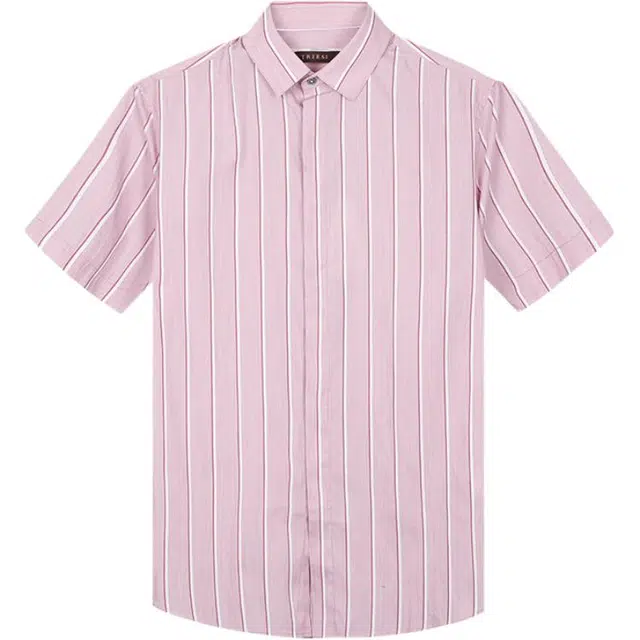 才子 亲肤舒适条纹短袖衬衫 男款 粉红色