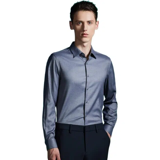 依文 商务修身舒适长袖衬衫 男款 灰蓝色