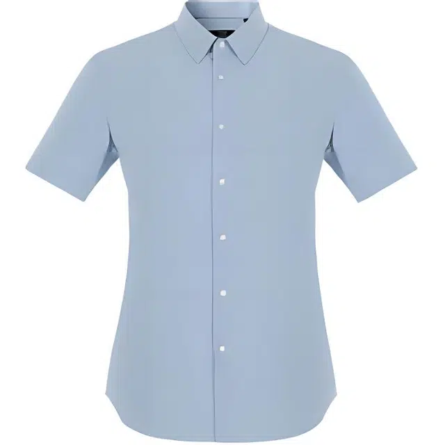 依文 纯色修身无弹短袖衬衫 男款 蓝色