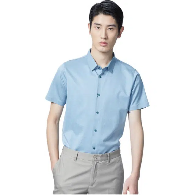 依文 商务高级休闲纯色简约短袖衬衫 男款 浅蓝色