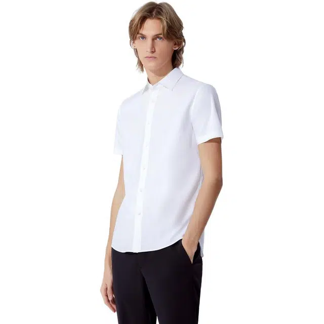 依文 休闲修身翻领职业纯色短袖衬衫 男款 白色