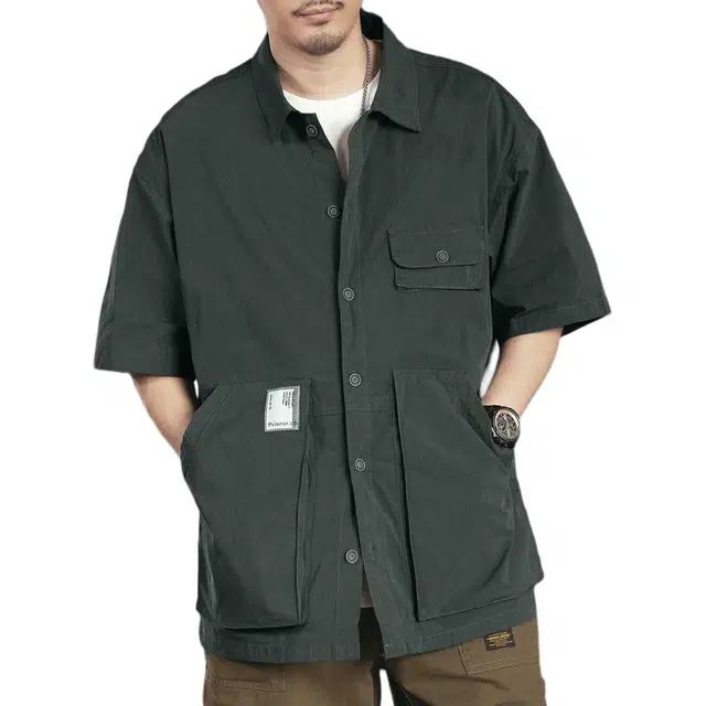 格蓝鹿 日系复古工装休闲宽松多口袋短袖衬衫 男款 绿色