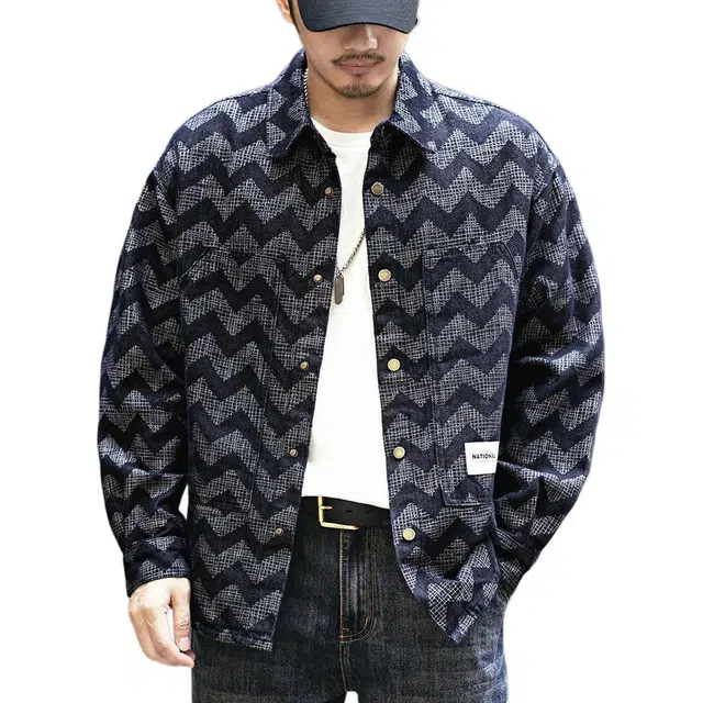 格蓝鹿 美式复古提花工装长袖衬衫 男款 蓝色