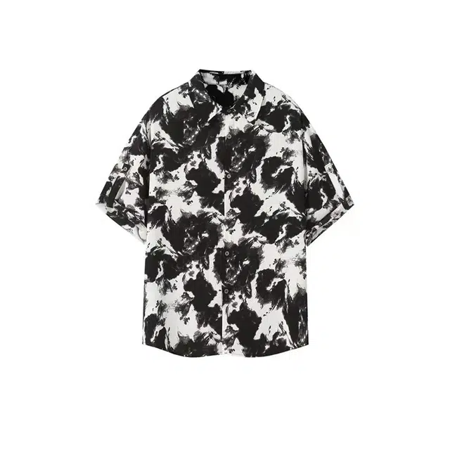 物质公式 国风新中式水墨纹撞色设计感复古潮流无性别主义简约扎染翻领纽扣落肩百搭舒适通勤旅行休闲宽松短袖衬衫 男女同款