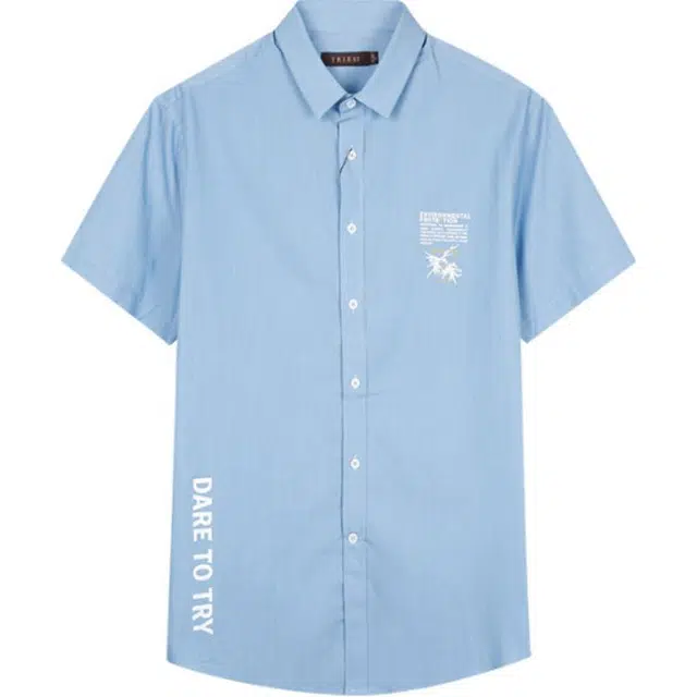 才子 修身翻领透气短袖衬衫 男款 蓝色