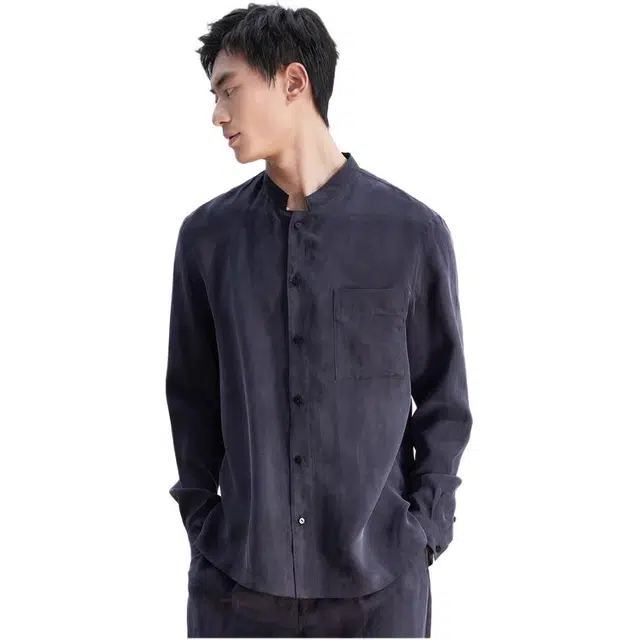 依文 纯色立领商务休闲修身长袖衬衫 男款 藏蓝色