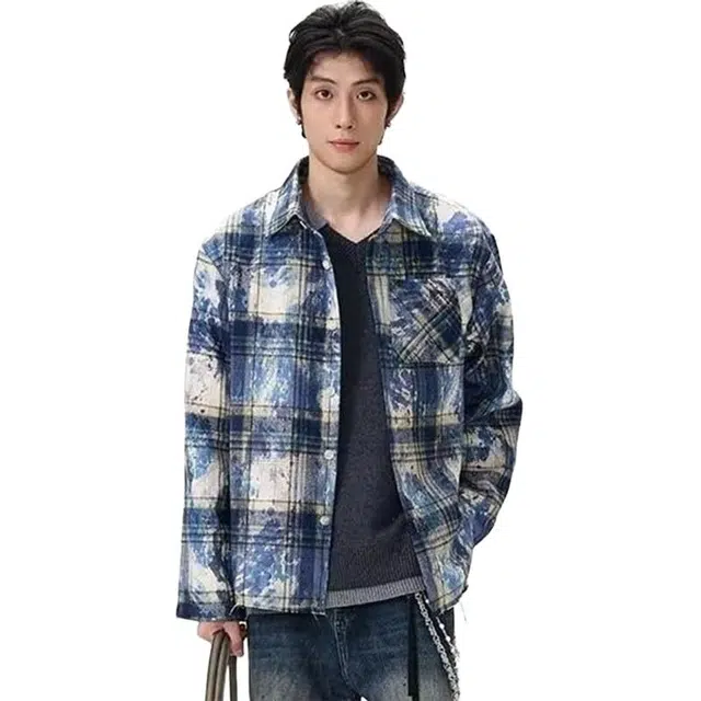 物质公式 美式嘻哈扎染泼墨格子宽松长袖潮流高街舒适百搭透气吸汗通勤内搭翻领休闲外套衬衫 男女同款 蓝色