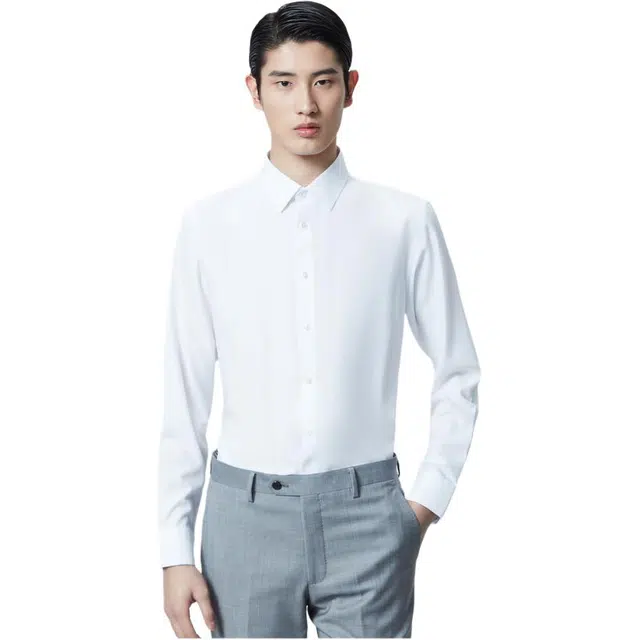 依文 商务休闲纯色尖领长袖衬衫 男款 白色
