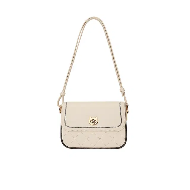 稻草人 百搭时尚小方包 小众通勤实用菱格 人造革 单肩斜挎包 女款 黑色/米白