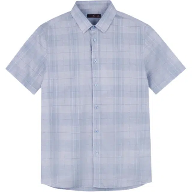 才子 修身翻领纽扣短袖衬衫 男款 浅蓝色
