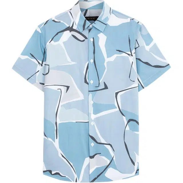 才子 易打理修身抽象印花休闲短袖衬衫 男款 蓝色