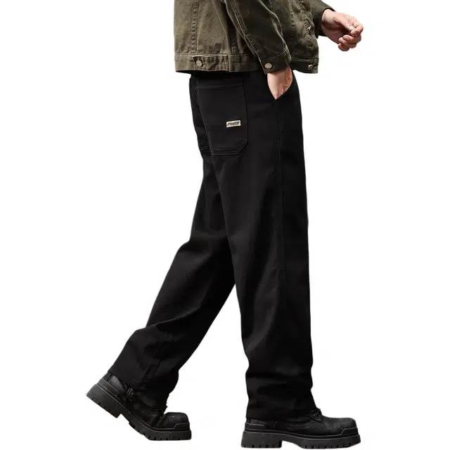 格蓝鹿 美式做旧重磅复古潮牌宽松立体水洗直筒大码垂感休闲工装裤 男女同款 黑色