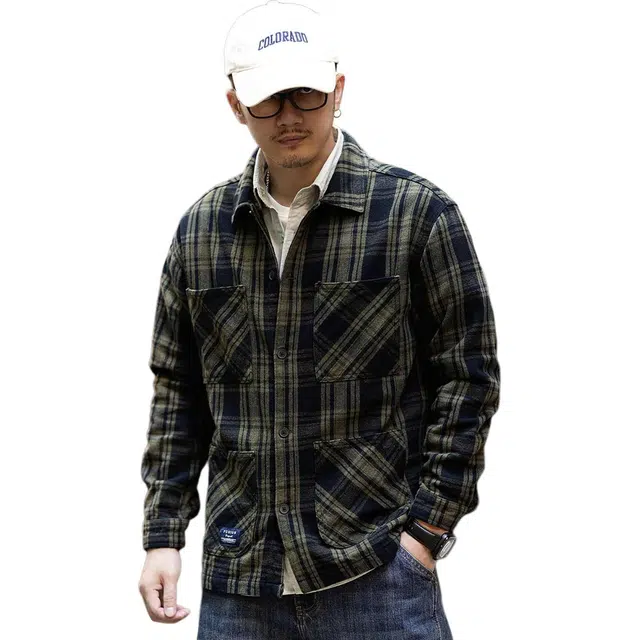 格蓝鹿 宽松休闲工装水洗格子翻领长袖衬衫 男款