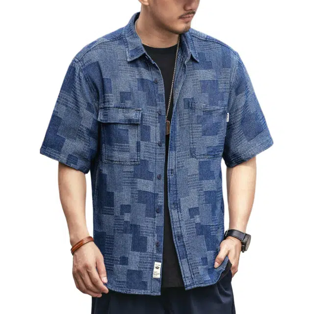 格蓝鹿 宽松纯色尖领短袖衬衫 男款