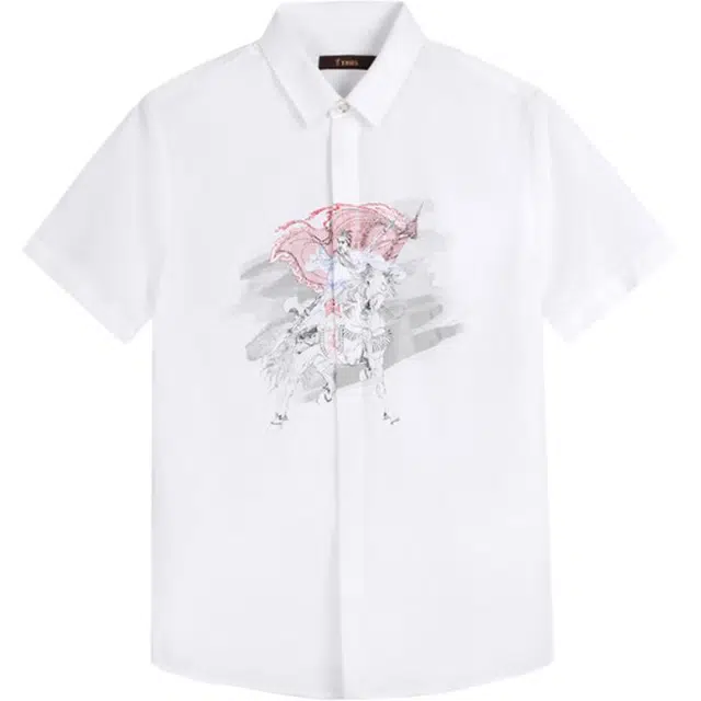 才子 关公印花商务休闲短袖衬衫 男款 白色