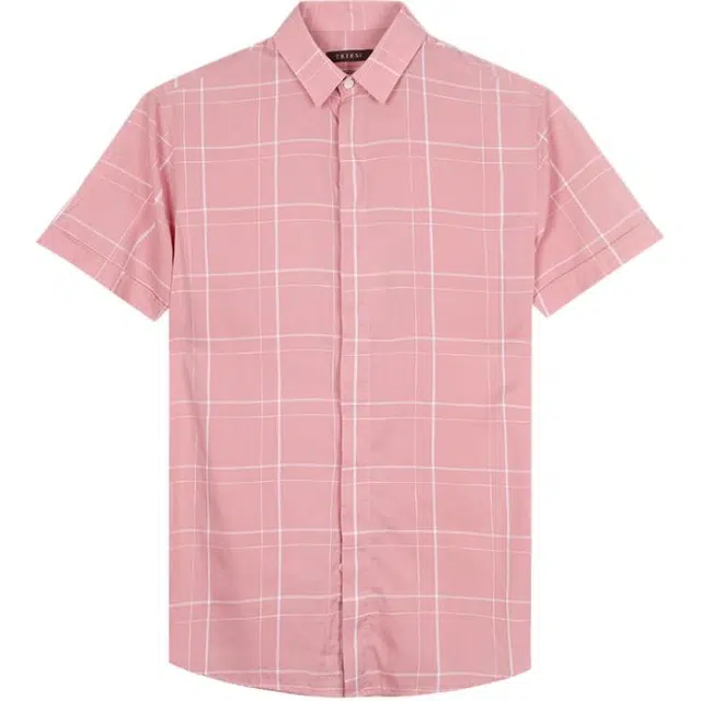 才子 时尚横条纹亲肤透气短袖衬衫 男款 粉红色