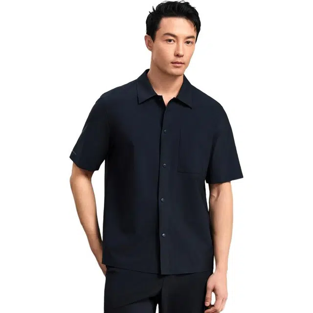 依文 透气纯色商务休闲短袖衬衫 男款 藏蓝色