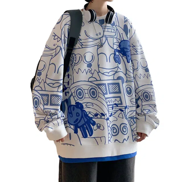 玉儿恋 卡通满印假两件圆领宽松落肩套头长袖卫衣 男款