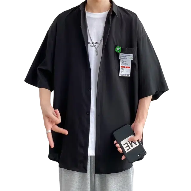北极绒 舒适宽松纽扣短袖衬衫 男款