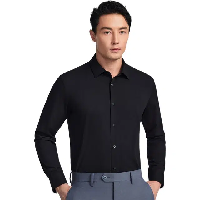 依文 休闲商务纯色长袖衬衫 男款 黑色