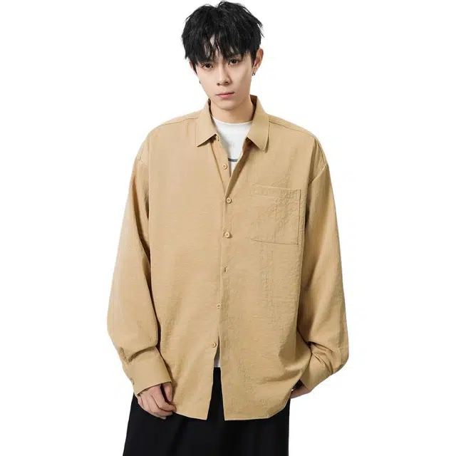 黑马漫画 高级感抗皱大码休闲宽松内搭外套纯色长袖衬衫 男女同款