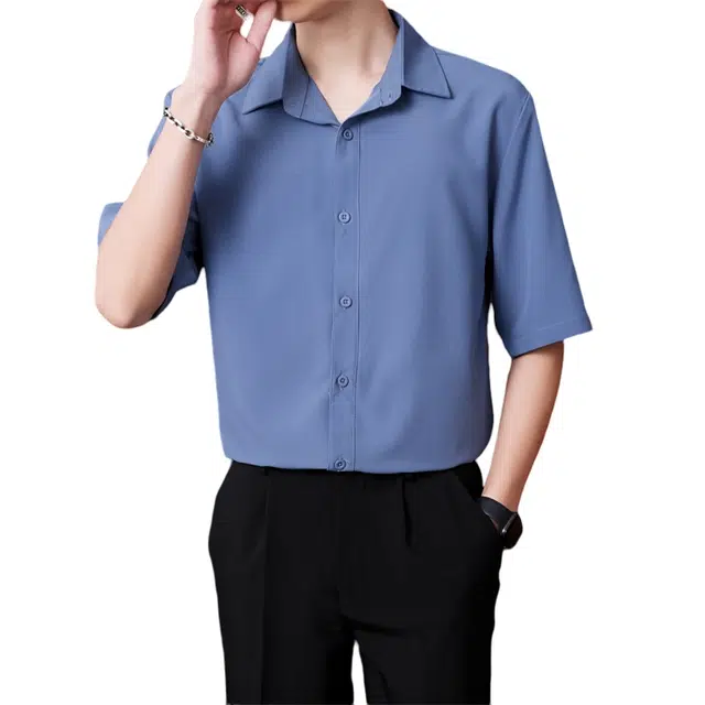 费尔岛上的猫 高级感经典简约冰丝抗皱免烫轻商务百搭短袖衬衫 男款