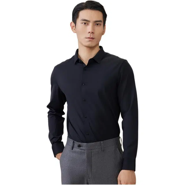 依文 商务简约高级感纯色尖领长袖衬衫 男款 黑色