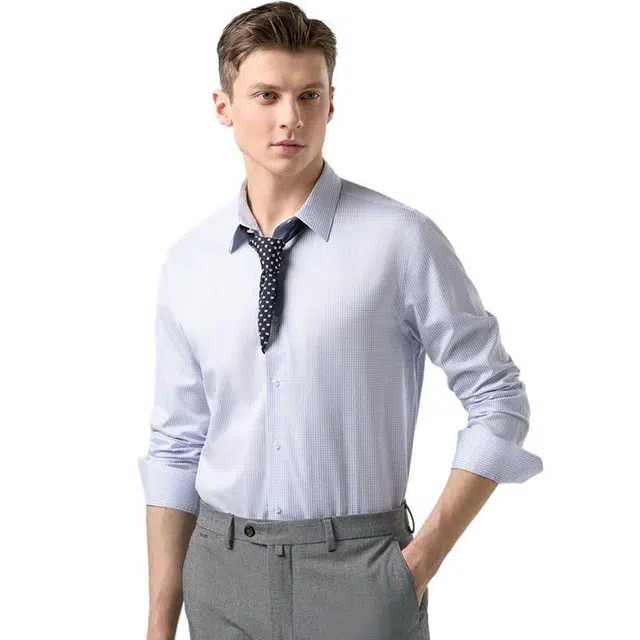 依文 时尚休闲简约尖领修身长袖衬衫 男款 兰色