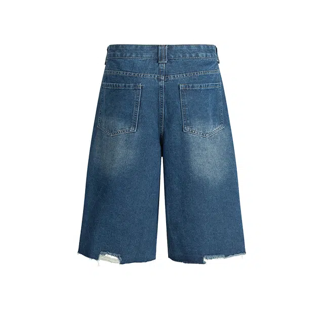 美式复古高街风水洗做旧拼接设计感宽松百搭七分裤牛仔短裤 男女同款
