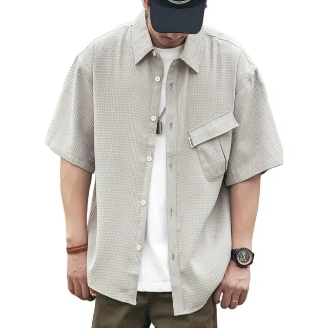 格蓝鹿 美式宽松潮牌纯色短袖衬衫 男款 杏色