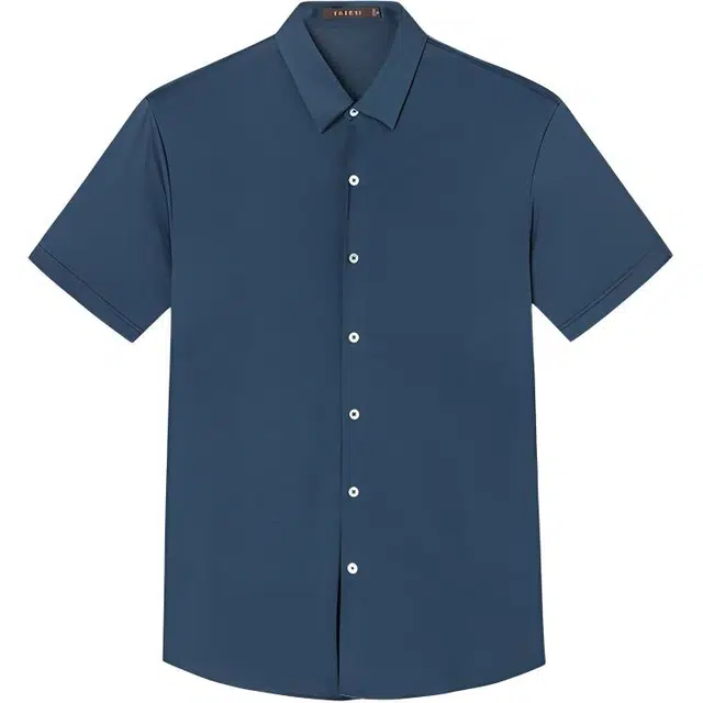 才子 纯色翻领纽扣修身短袖衬衫 男款 灰绿色