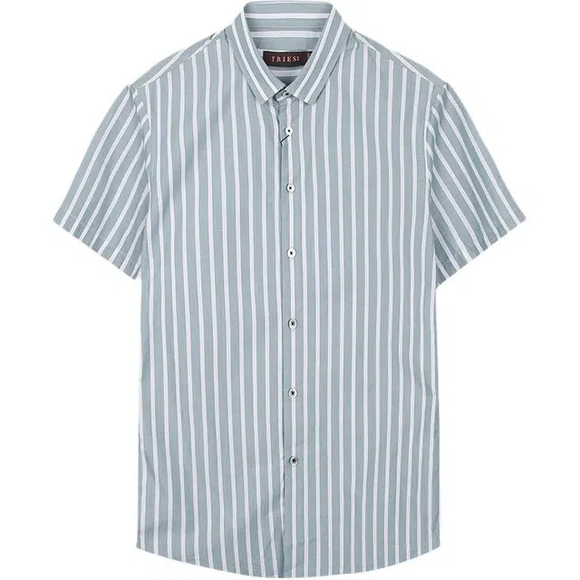 才子 含桑蚕丝竖条纹亲肤透气短袖衬衫 男款 绿色