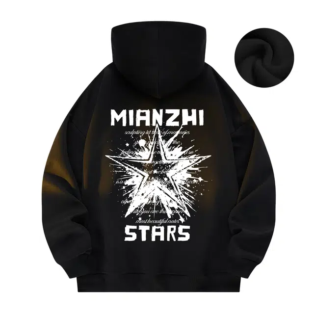 棉致 美式高街手绘泼墨涂鸦星星字母印花宽松休闲通勤百搭落肩套头连帽长袖卫衣 男女同款