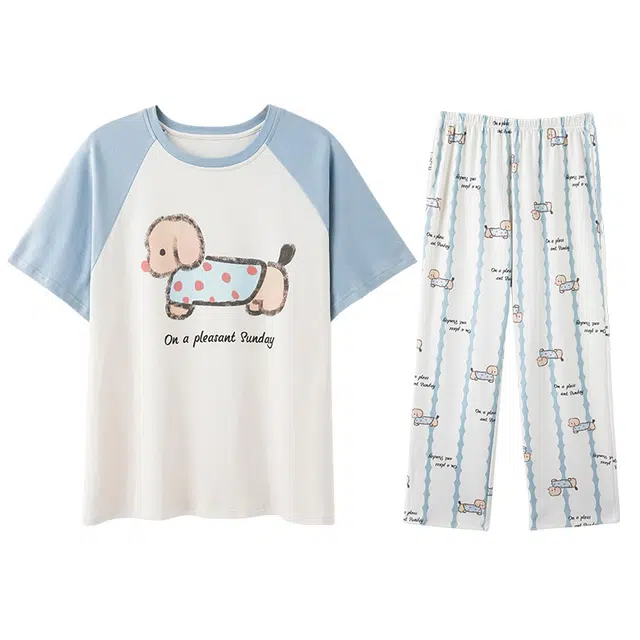 向薇 纯棉短袖长裤韩版青少年学生卡通可爱家居服睡衣套装 女款 图片色