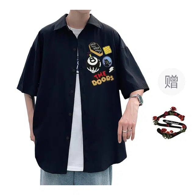 物质公式 字母宽松百搭纯色翻领落肩袖短袖衬衫 男女同款 黑色