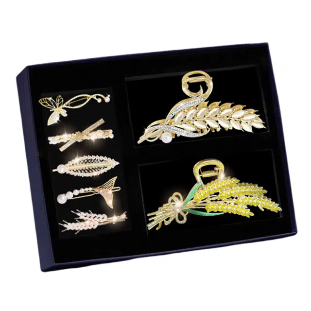 妖娆猫 麦穗抓夹高端发卡头饰侧边刘海夹一字夹盘发鲨鱼夹子 发饰套装礼盒 合金 发夹 女款