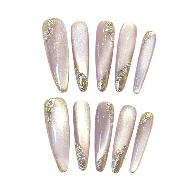 韵月乔 微笑猫眼月影紫辉  穿戴甲 尖型长款紫色渐变 爆闪