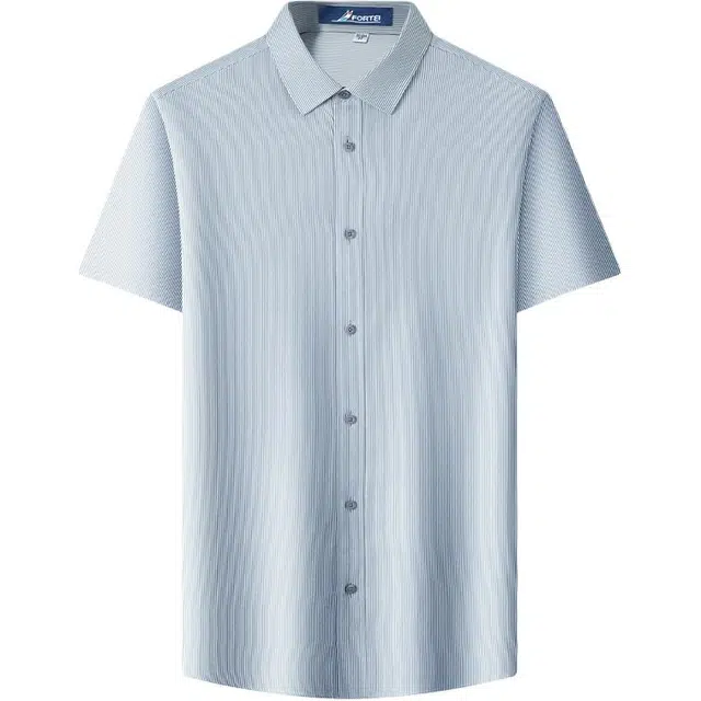 富铤 条纹柔软吸湿透气休闲日常通勤短袖衬衫 男款 灰白细条