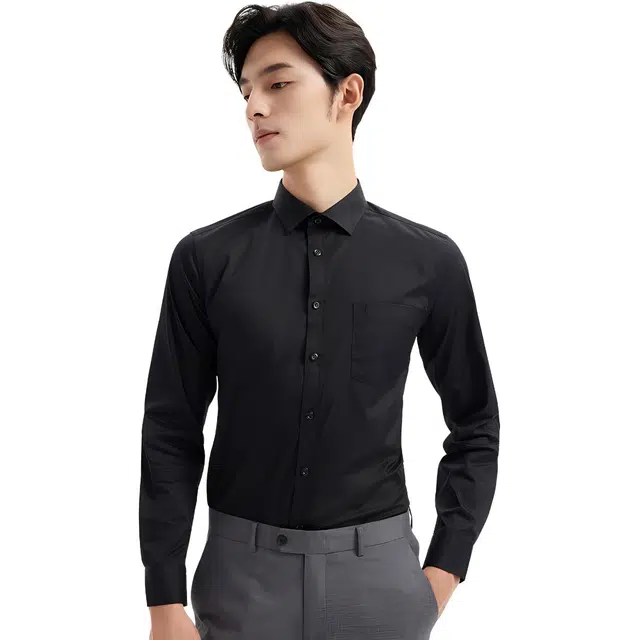 才子 纯色翻领纽扣修身透气长袖衬衫 男款